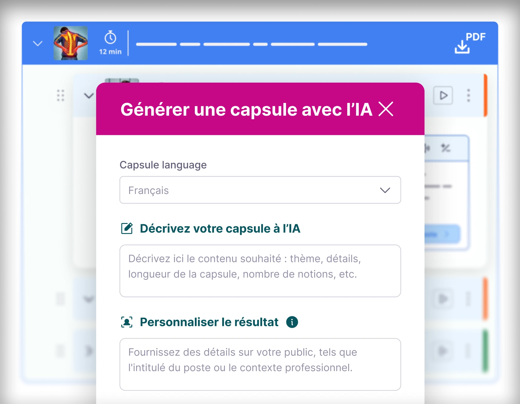 Interface de génération de contenu IA en français demandant de décrire la capsule et personnaliser le résultat avec des détails sur le public.