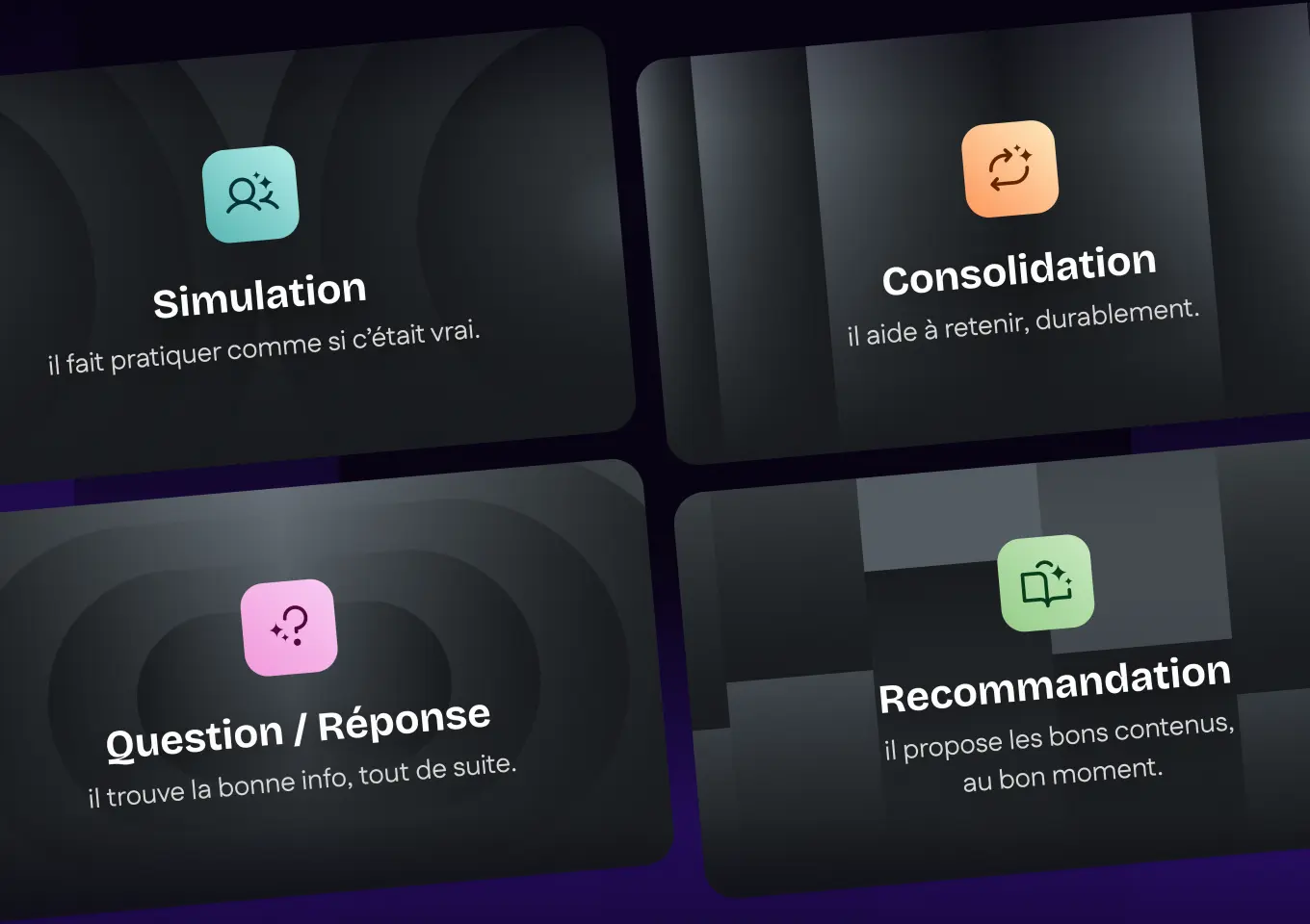 Quatre cartes décrivant des fonctions : Simulation avec icône de personnes, Consolidation avec icône de flèches en boucle, Question / Réponse avec icône de point d'interrogation, Recommandation avec icône de livre ouvert.